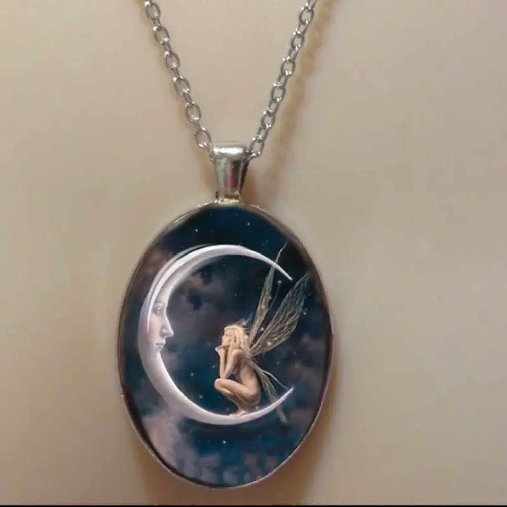 Silver Tone Fairy Talking to The Moon Pendant Necklace, New